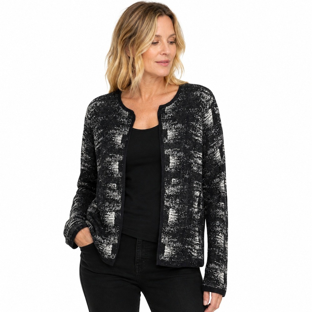 Eileen Fisher Cardigan Womens S Black White Organic Linen Blend Open Front Artsy